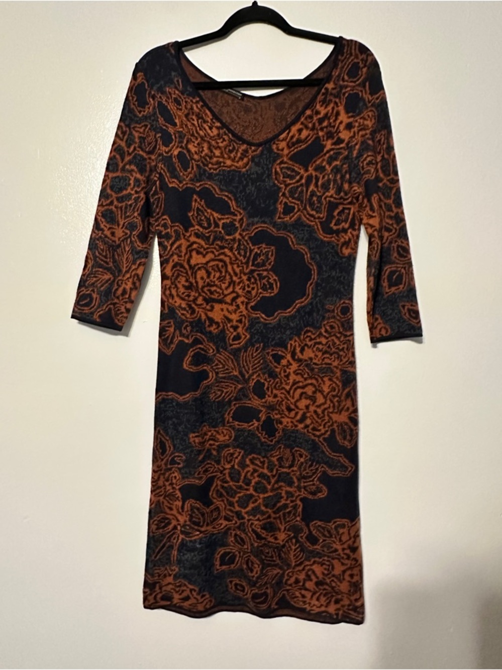 Peruvian Connection Pima Knit Rose Flower Sweater Dress 3/4 Sleeve Medium